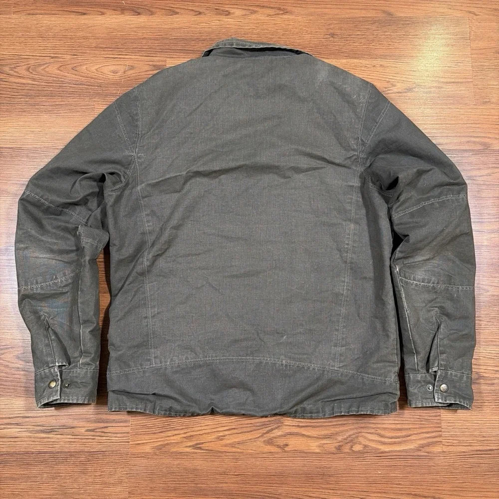 Kuhl Burr Jacket Mens Sz L Army Green Vintage Patina Dye Lined Canvas Chore Hike